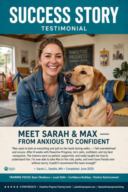 Success story testimonial poster featuring a happy owner with their trained dog at a training center