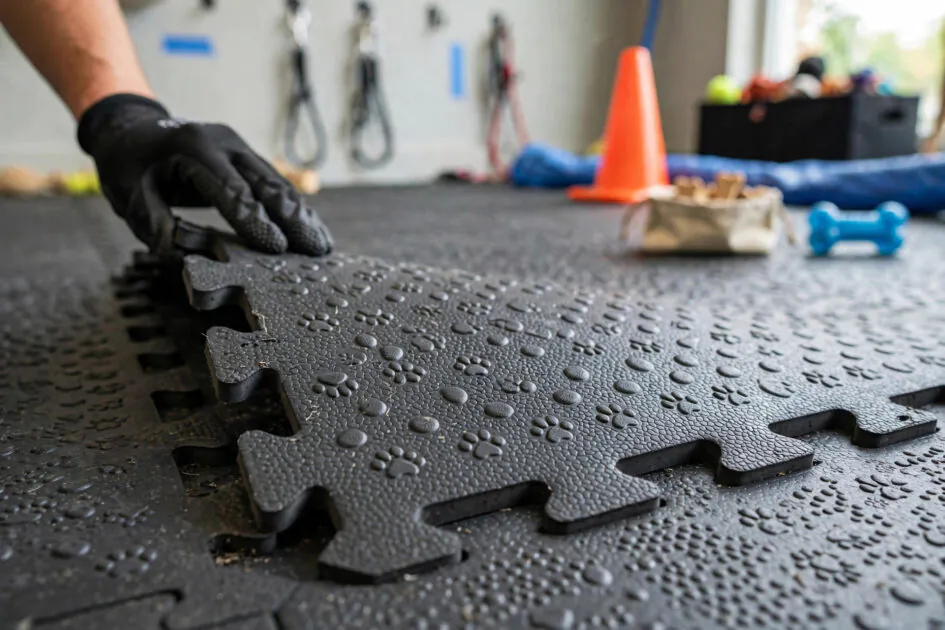 Non-slip rubber flooring being installed in a dog training room