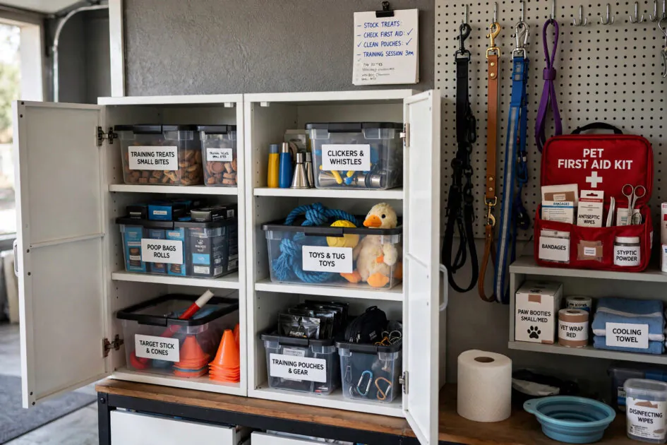 Organized storage cabinets with labeled bins of dog training supplies and wall hooks