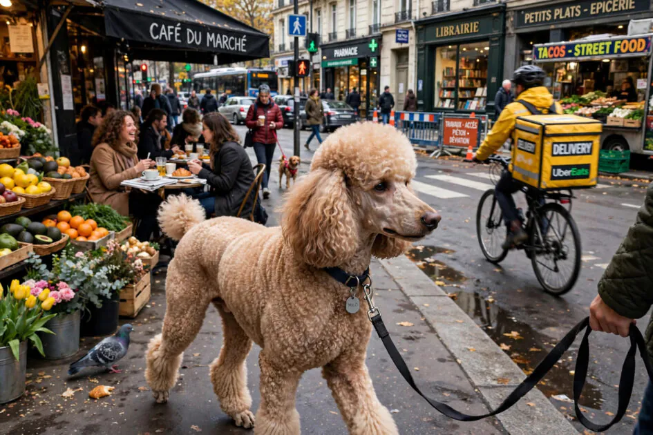 Well-trained poodle walking calmly on a loose leash through a busy city street with distractions