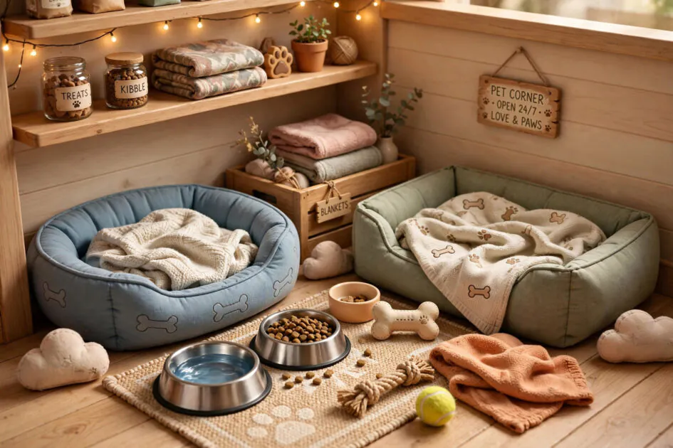 Cozy 3D video game style pet corner with cute dog beds, bowls, and blankets