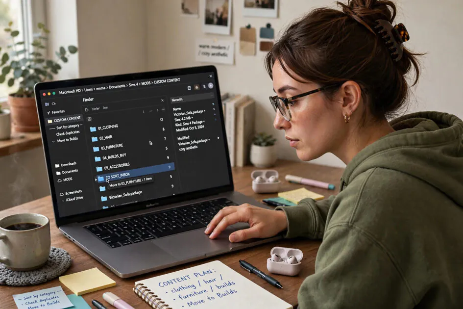 Person organizing custom content files into labeled folders on a computer