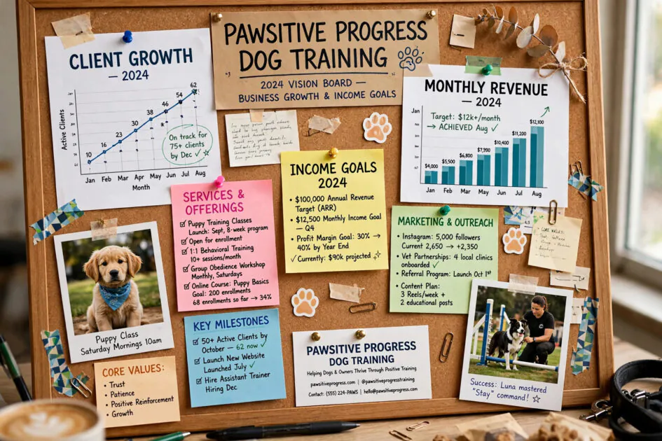Vision board with business growth charts and income goals for a dog training business
