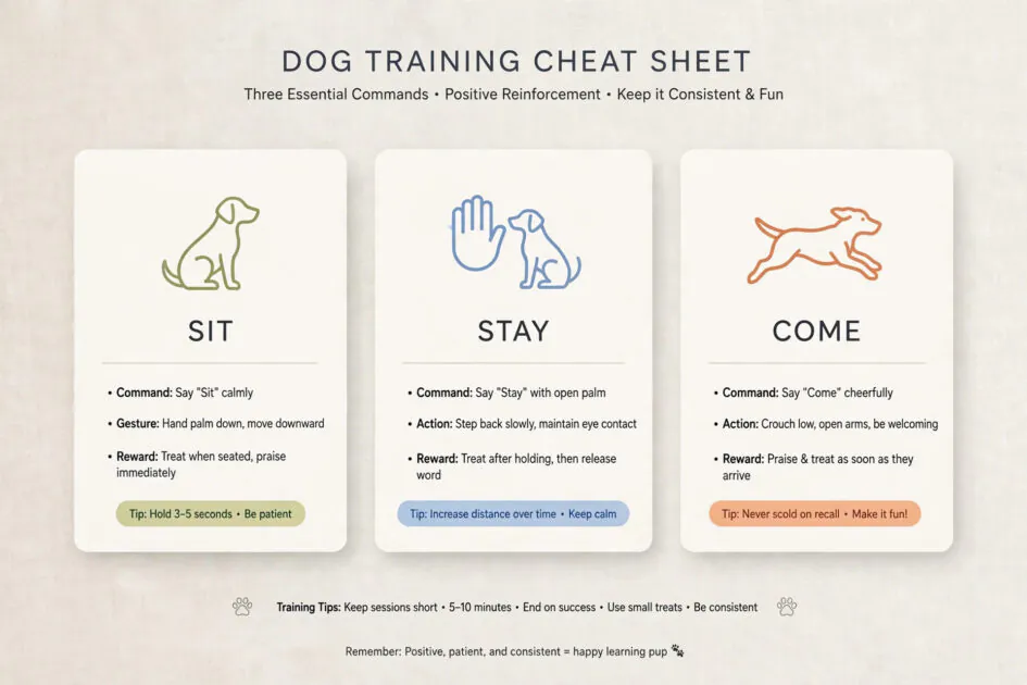 Desktop cheat-sheet wallpaper showing sit, stay and come training commands with icons