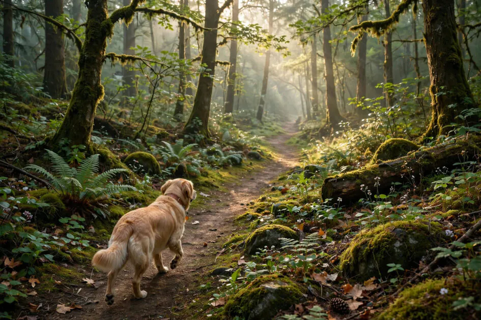 Calming nature-inspired desktop wallpaper of a dog walking on a forest path in morning light