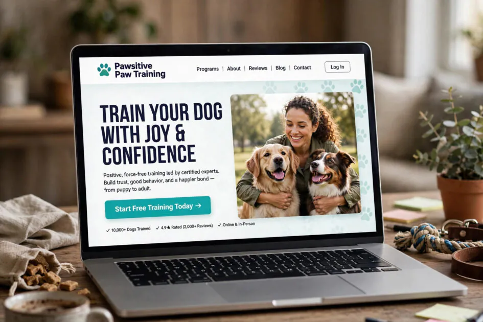 Dog training website hero section design idea with a joyful trainer, dogs, and a clear call to action button
