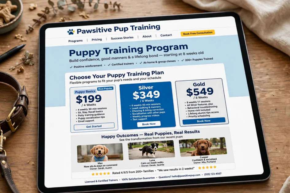 Dog training service page design idea showing a puppy program with clear pricing cards and outcome photos