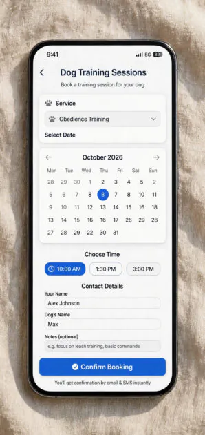 Simple online booking form design idea for dog training sessions on a smartphone with calendar