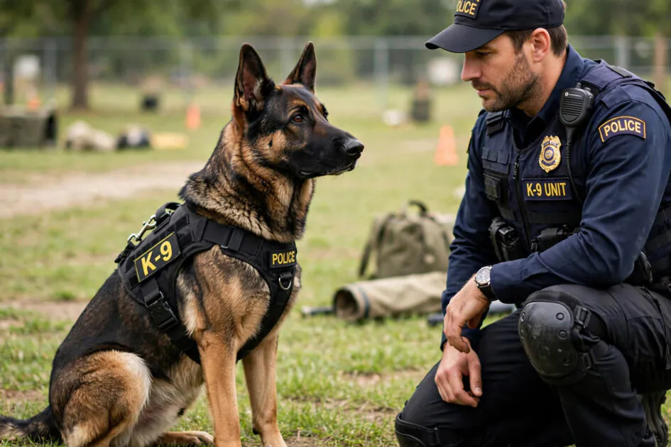 K-9 dog practicing obedience, sitting attentively beside its handler