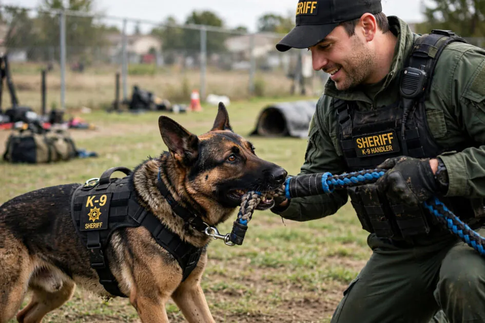 K-9 dog training with a tug toy reward, handler playing with the dog