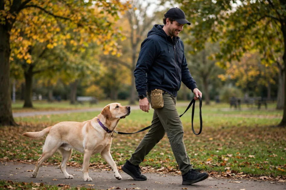 Pet dog owner practicing K-9 style heelwork with a labrador in a park