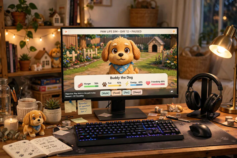 Gamer's desk with a monitor displaying a cute 3D dog in a life simulation game