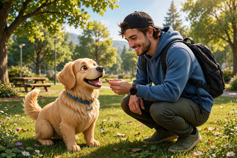 Happy stylized 3D video game dog receiving a treat from its owner character in a sunny virtual park
