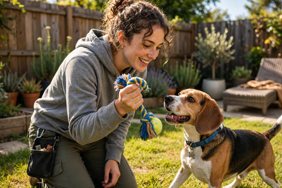 Owner and beagle enjoying a short fun training session with a toy in a sunny backyard