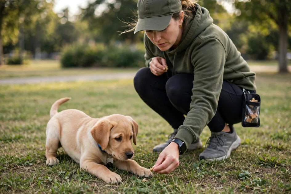 Trainer luring a labrador puppy into a lying-down position with a treat near the floor