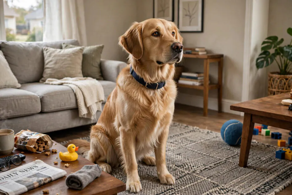 Dog practicing a stay command with mild distractions in a home living room