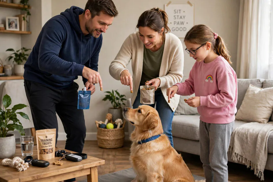 Family members consistently practicing the same training cues with their dog at home