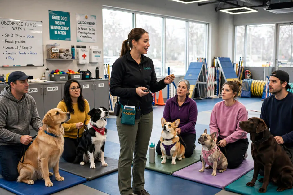 Group dog obedience in session inside a bright indoor training gym