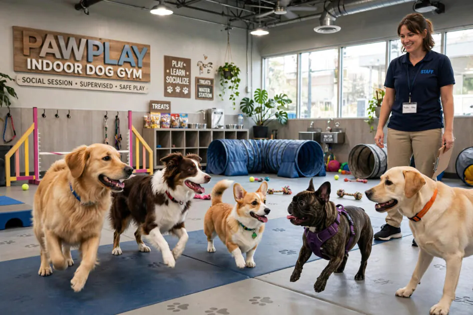 Happy dogs playing together in a supervised indoor dog gym social session
