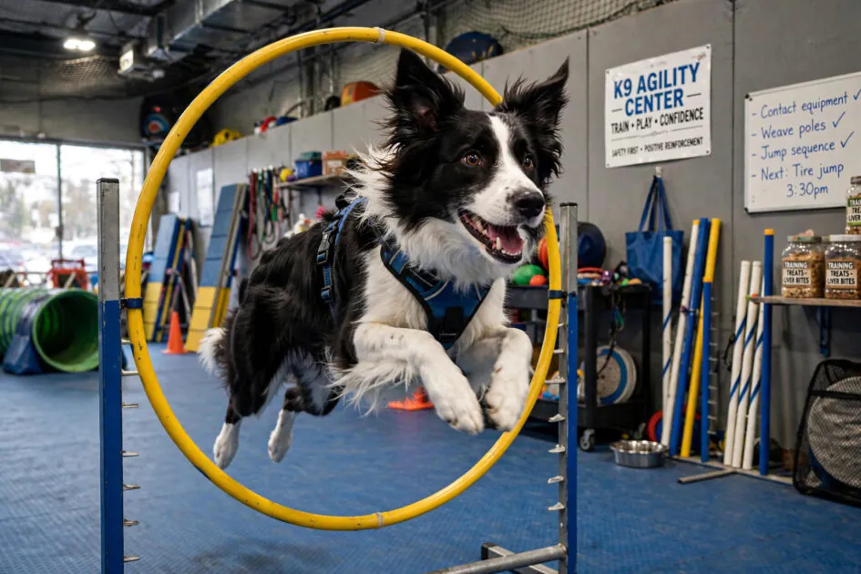 Energetic dog jumping through an agility hoop in an indoor training gym